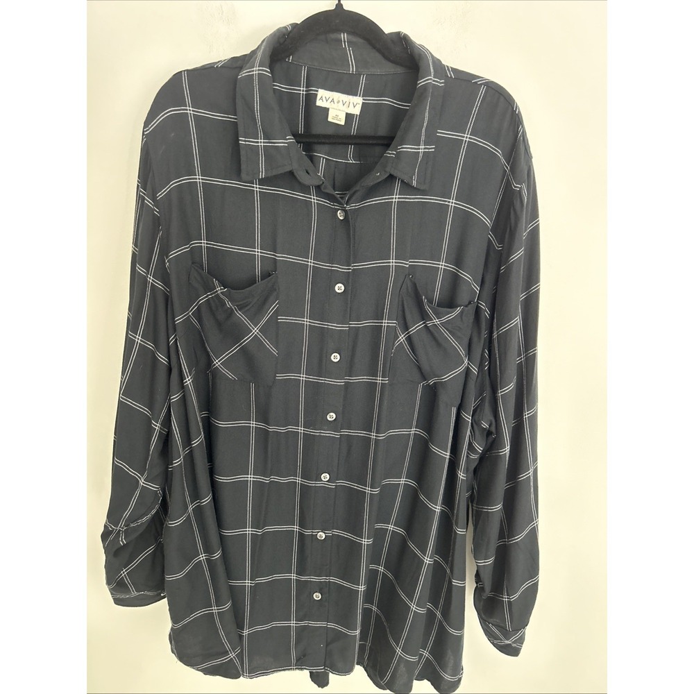 Ava & Viv Women's 4X Boyfriend Shirt Black White Button Up Long Sleeve Pockets